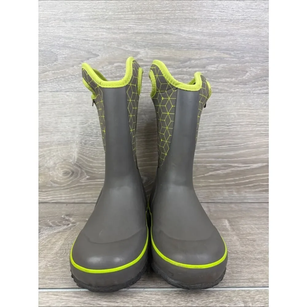 Bogs Waterproof-4f Slushie Web Geometric  Little Boy Sz 13 Gray Green Rain Boots